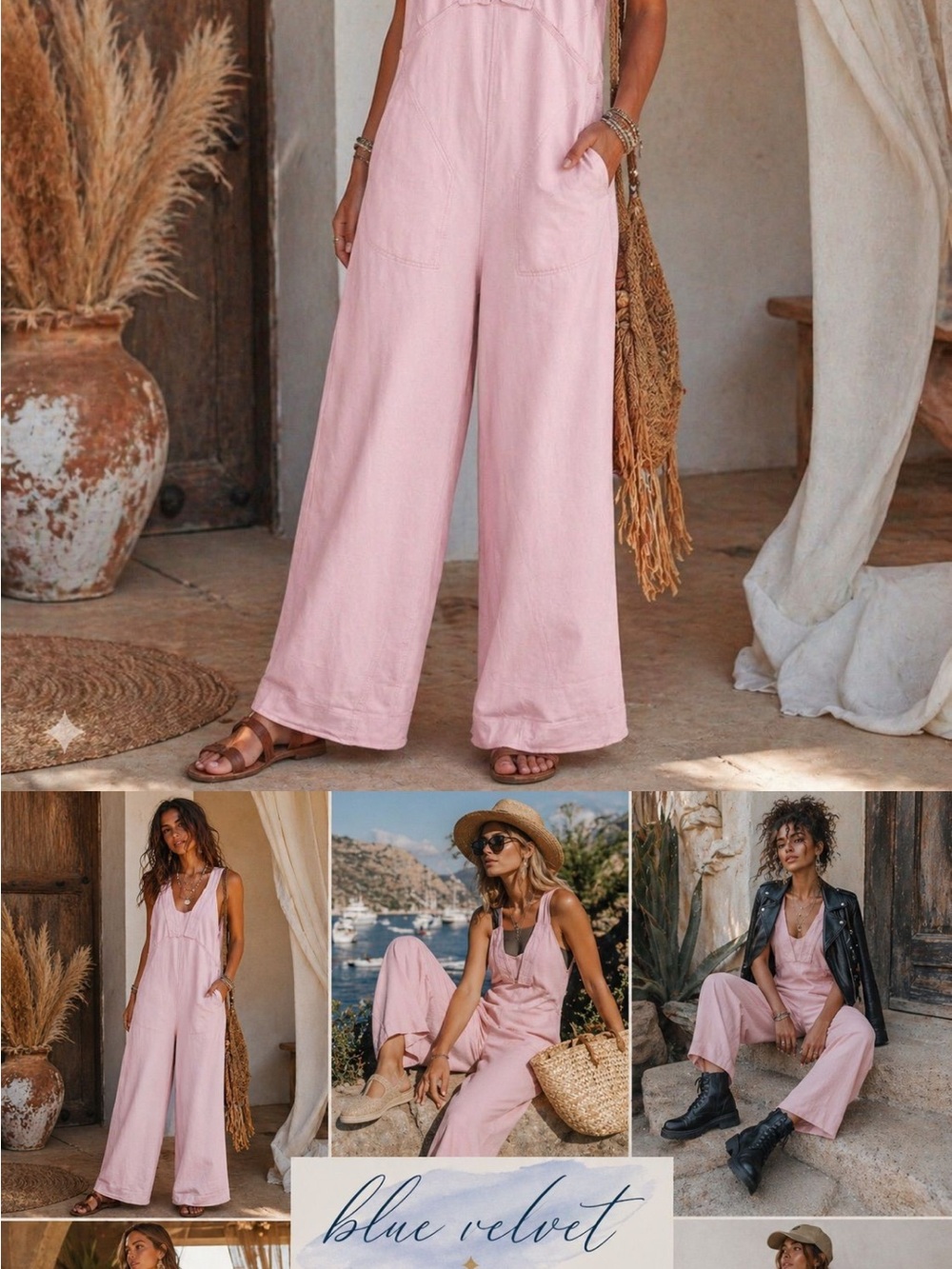 Sleeveless Wide-Leg Jumpsuit in Soft Pink blue velvet - Picture 2 of 7